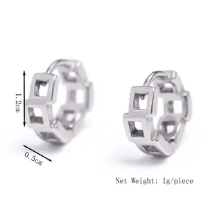 Silver geometric hollow hoop earrings with square grid pattern 1.2cm diameter
