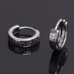 Men's Stainless Steel Hoop Earrings Retro Engraved Geometric Pattern Huggies Ear Buckle Punk Style Silver Jewelry