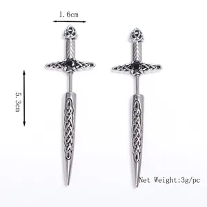 Stainless steel Celtic knot sword earrings featuring a centered black gemstone inlay