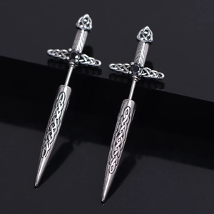 Gothic stainless steel sword earrings with Celtic knots and black gemstone inlay