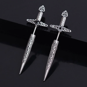 Retro Celtic knot sword earrings in antique silver finish with black stone accents