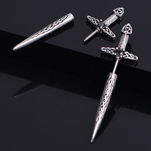 Retro stainless steel sword earrings with Celtic knots and black gemstone inlay