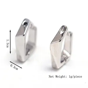Minimalist geometric square hoop earrings in silver finish with size dimensions shown