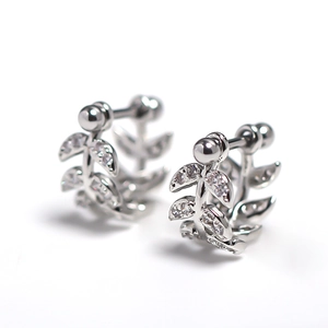 Fashion silver leaf earrings with sparkling zircons and secure ball screw back closure