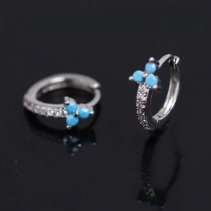 Boucles d'Oreilles Huggie Florales en Cuivre Vintage Avec Pierre Bleue Incrustées de Strass Argentées Bijoux Hommes Femmes Cadeau