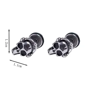 Punk style skull stud earrings in silver stainless steel with 1.2cm size dimensions