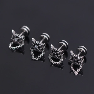 Boucles d'Oreilles Clous en Acier Inoxydable Strass Étoile Avec Chaîne pour Hommes Style Punk Gothique Couleur Argent Bijoux Tendance