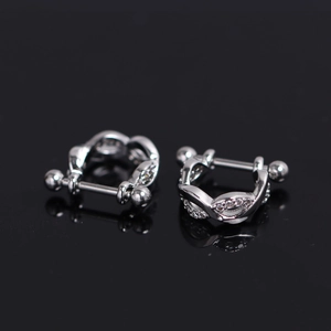 Detail of twisted silver zircon stud earrings with screw ball back on black background