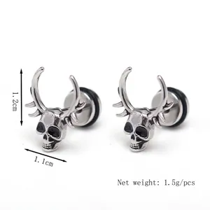 Gothic skull earrings with horns in vintage stainless steel finish, size 1.2cm x 1.1cm