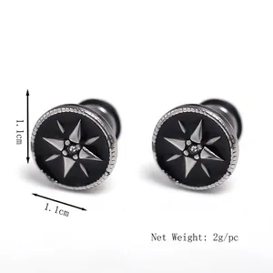 Pair of compass star stainless steel stud earrings with black enamel finish and silver tone