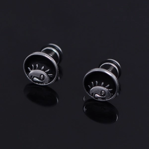 Boucles d'oreilles rétro en acier inoxydable avec motifs soleil étoile et émail noir
