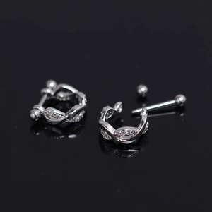 Silver criss-cross stud earrings with zircon inlay and screw ball back for cartilage