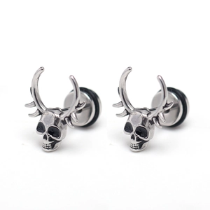 Gothic skull stud earrings with horns in vintage silver-black stainless steel design