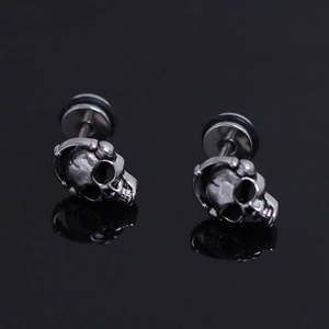 Punk style stainless steel skull stud earrings featuring headphones in vintage silver finish