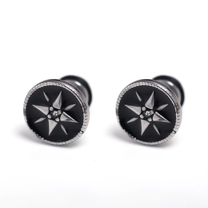 Stainless steel stud earrings with black starburst design and zircon center stones