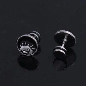Boucles d'Oreilles Clous Vintage en Acier Inoxydable Soleil Étoile Oeil pour Hommes Punk Émail Noir Fermoir à Vis