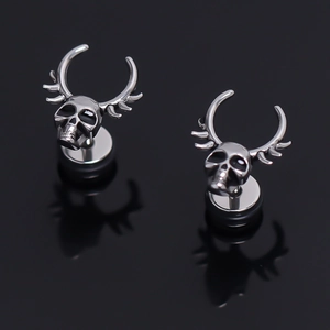 Punk Gothic Stainless Steel Skull Horned Stud Earrings For Men Vintage Distressed Skeleton Ear Piercing Individual Jewelry