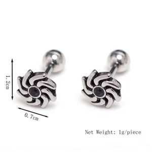 Boucles d'oreilles barbell fleur vintage en argent avec pierre noire de 1,2 cm