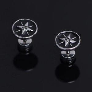 Stainless Steel Black Enamel Sun Star Compass Stud Earrings For Men Women Cool Hip Hop Fashion Rhinestone Inlaid Jewelry