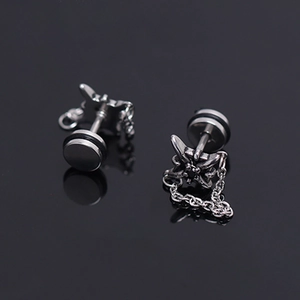 Boucle d'oreille homme en acier argenté avec pierre noire, chaîne et fermoir haltère
