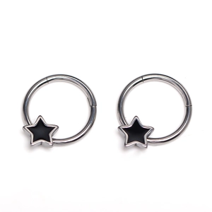 Fashionable stainless steel silver hoop earrings with glossy black star charms for women
