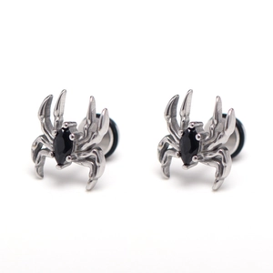 Gothic silver spider stud earrings with black marquise stone and surgical steel posts