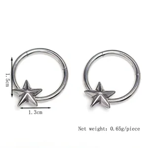 Minimalist silver star hoop earrings with dimensions 1.5cm by 1.3cm in a modern style
