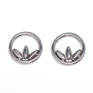 Polished stainless steel lotus leaf clicker hoop earrings for women in silver finish