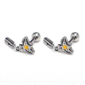 Indian style eagle feather steel earrings with stylized floral design and yellow center