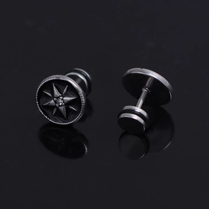 Stainless steel black star stud earrings with central zircon and O-ring details