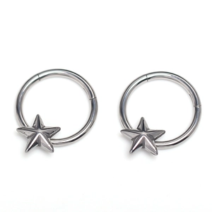 Minimalist silver star hoop earrings in polished stainless steel for men and women
