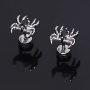 Gothic spider stud earrings with black navette stones in polished silver stainless steel