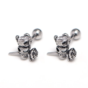 Skull and rose stainless steel stud earrings with clear zircon stone and screw backs