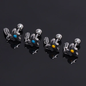 Vintage Stainless Steel Eagle Feather Stud Earrings For Men Indian Style Eagle Head Jewelry Retro Silver Tone Earrings