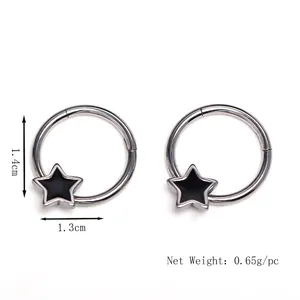 Silver stainless steel star hoop earrings with dimensions 1.4cm height and 0.65g weight