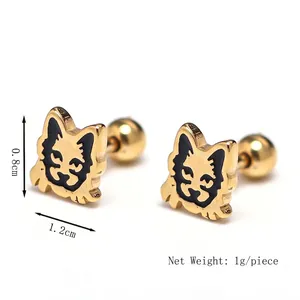 Gold tiger face stud earrings with black enamel detail and dimensions 0.8cm by 1.2cm