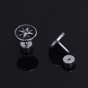 Black compass star stud earring in stainless steel with secure screw-back closure