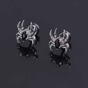 Stainless Steel Spider Stud Earrings For Men Dark Gothic Punk Retro Black Rhinestone Inlaid Fashion Jewelry Animal Ear Studs