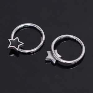 Polished stainless steel star hoop earrings with black pentagram charms for women