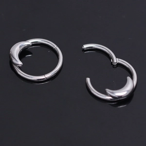 Sliver crescent moon hinge clicker hoop earrings in polished stainless steel for women