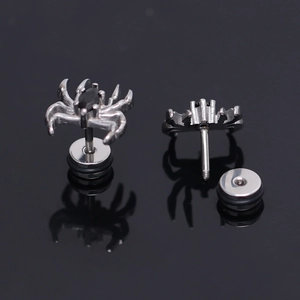 Gothic silver spider stud earrings with black gemstone and secure screw back closure