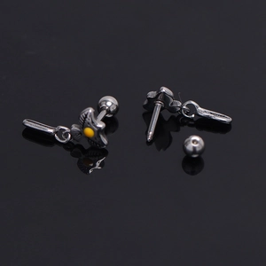 Vintage stainless steel eagle feather earrings with yellow stone and screw ball back
