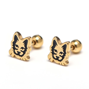 Macro detail of tiger face stud earrings with black enamel and screw back ball closure
