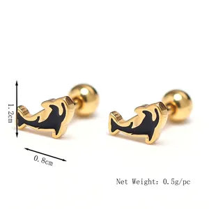 Creative dolphin-shaped gold stainless steel stud earrings with black enamel accents