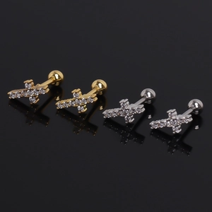 Stainless Steel Cross Stud Earrings With Screw Ball Back Rhinestone Inlaid Punk Individual Ear Jewelry For Men Women