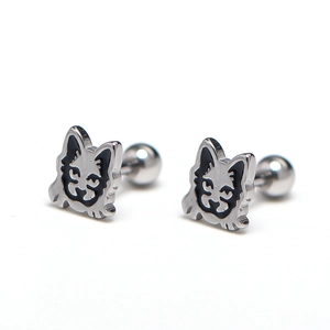 Punk style stainless steel tiger face stud earrings with black drip oil finish and screw backs