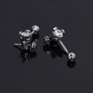 Gothic stainless steel stud earrings with skull rose design and clear zircon stone