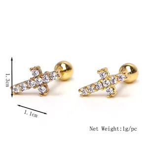 Gold cross cartilage earrings with sparkling zircons and comfortable screw ball backs