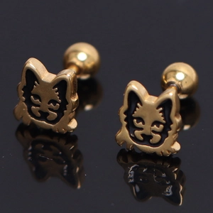 Punk style golden tiger head stud earrings with black enamel and screw ball back