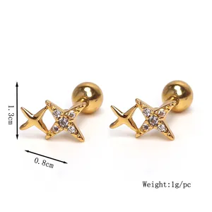 Star-shaped 18K gold cartilidge stud earrings with zircons and screw ball back